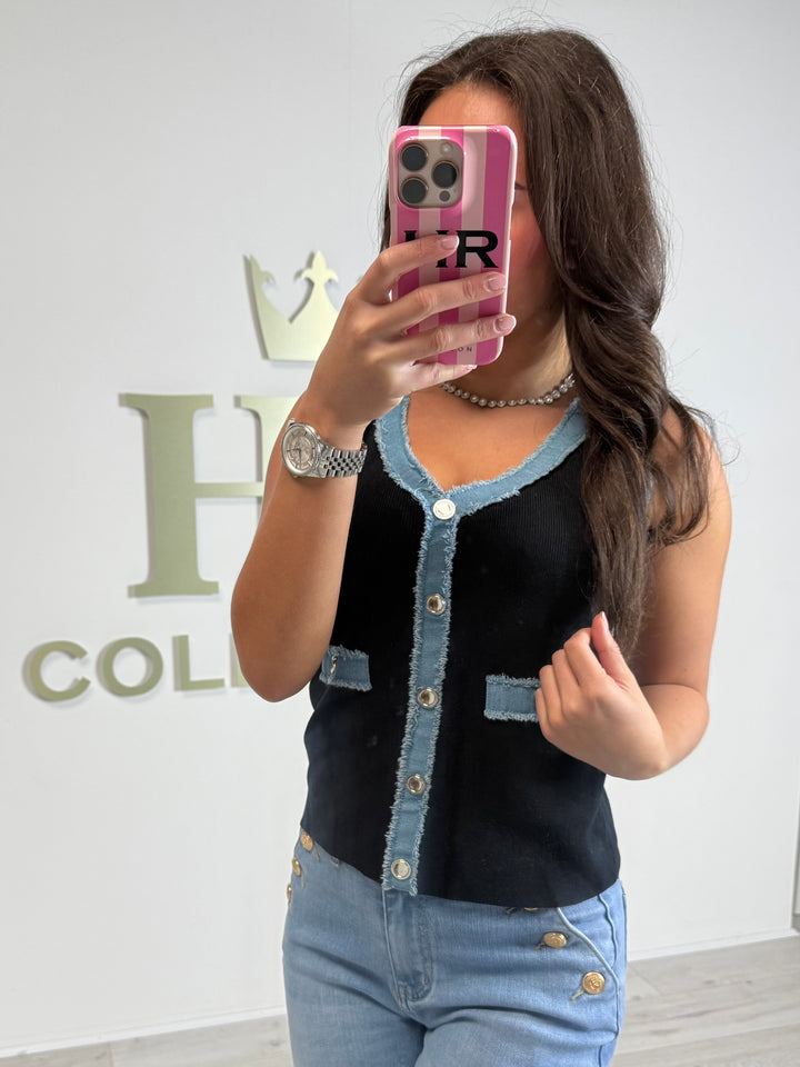 Ribbed V-Neck Denim Trim Gold Button Vest (2 Colours)