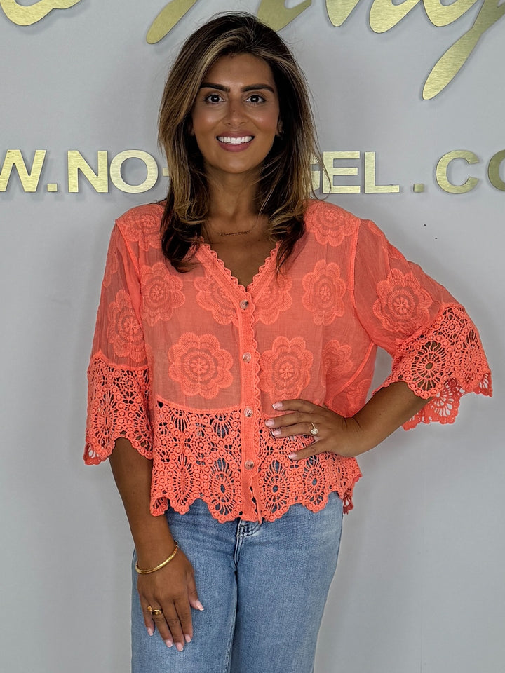 Button Up V-Neck Crochet Bell Sleeve & Crochet Top (4 Colours)