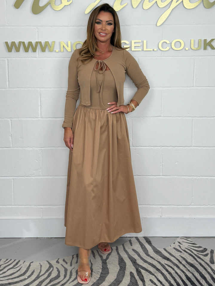 Flared T-Shirt Midi Dress With Matching Tie Up Cropped Cardigan (4 Colours)