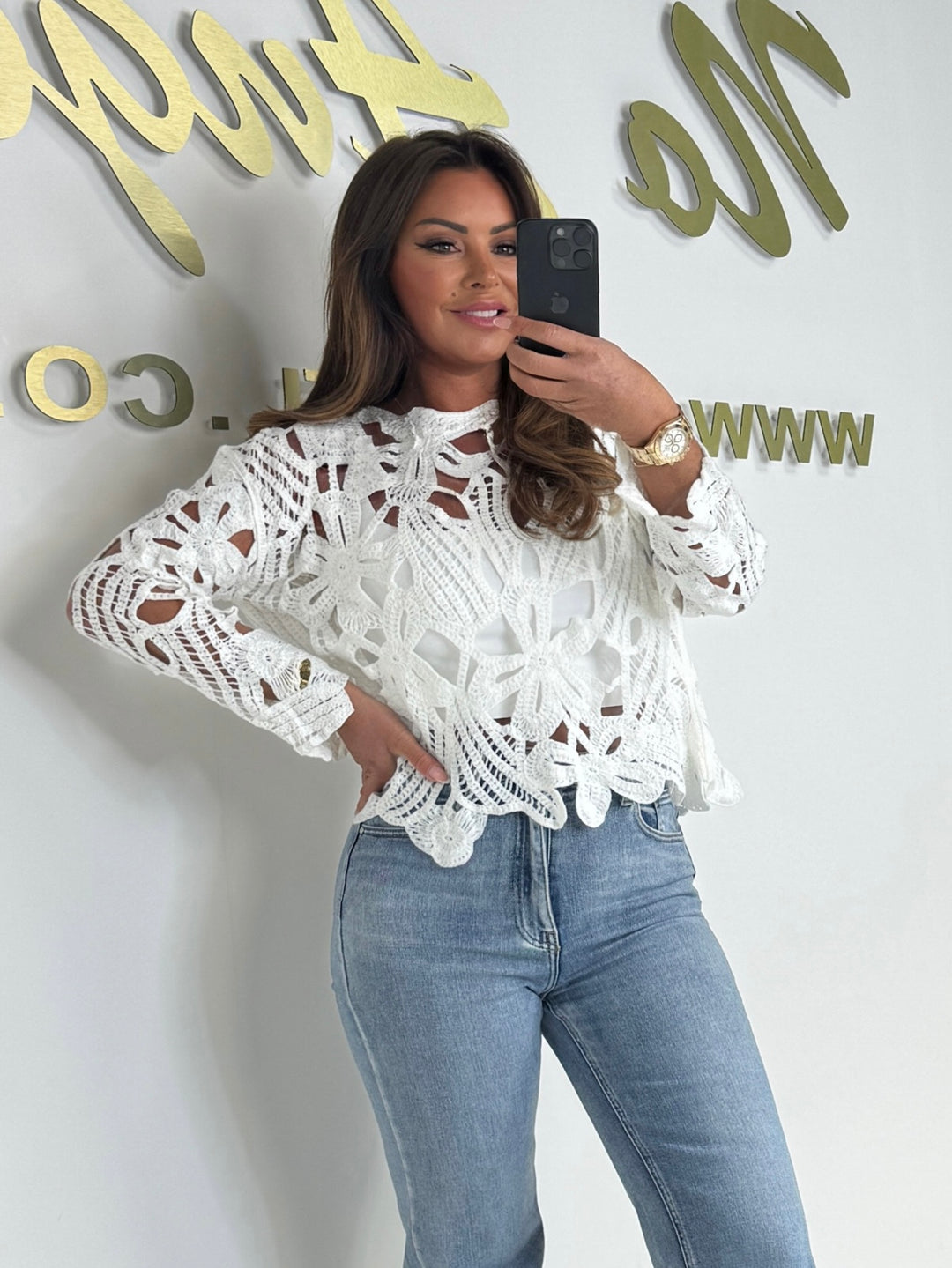 Crochet Flower Detail Round Neck Top (4 Colours)
