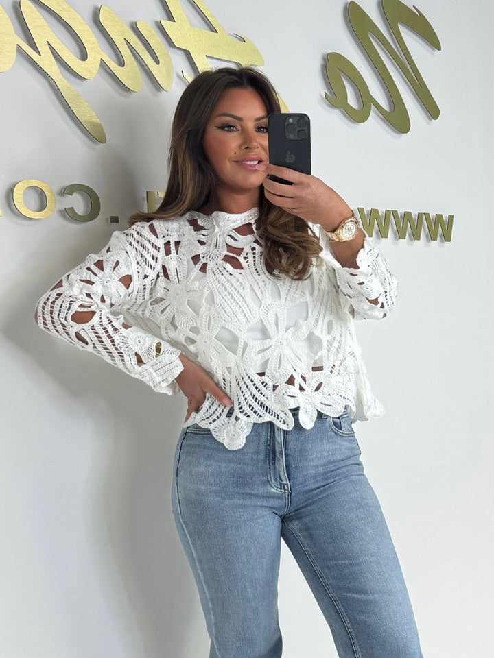 Crochet Flower Detail Round Neck Top (4 Colours)