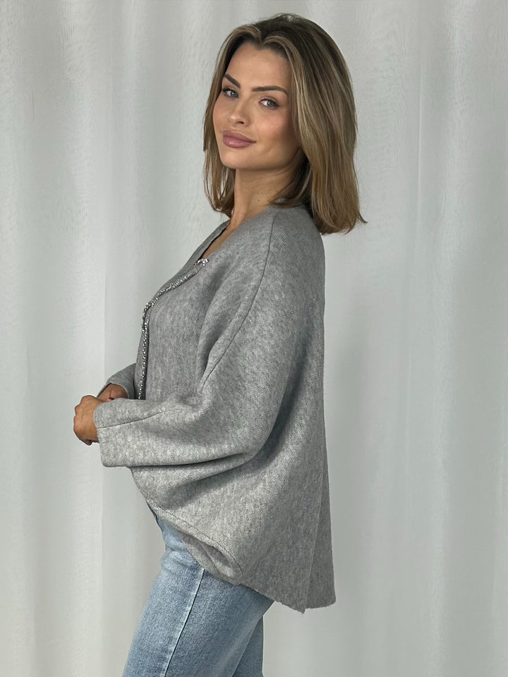 V-Neck Batwing Diamante Bow High Low Jumper (4 Colours)