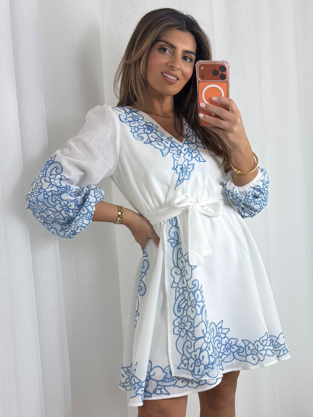 White Blue Embroidery Belted Dress