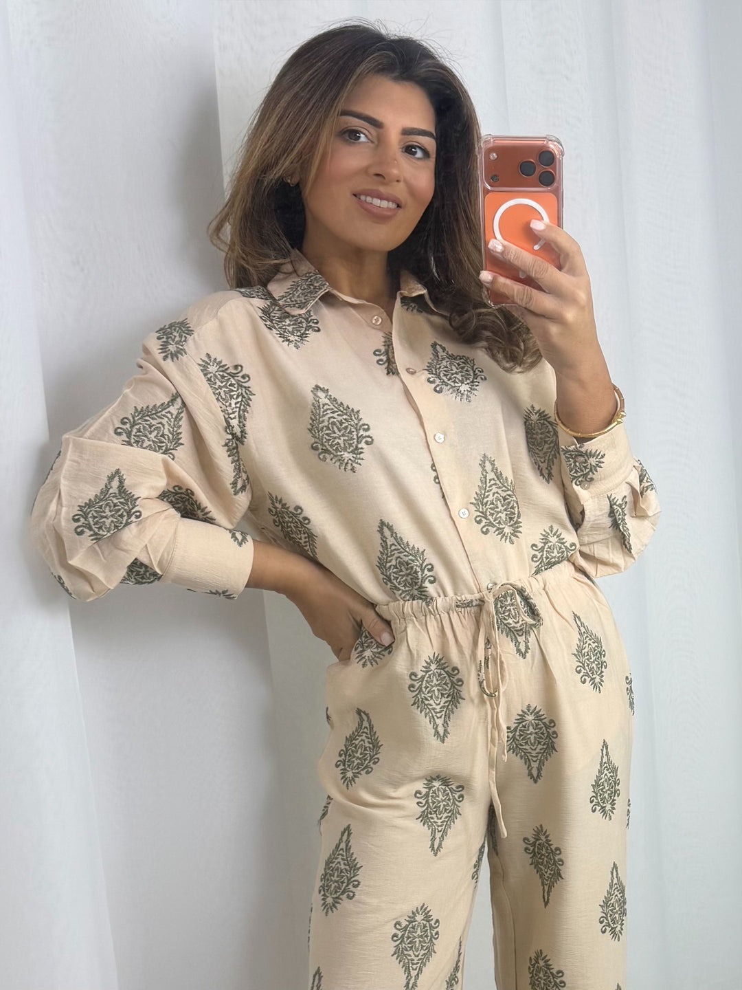 Cream/Khaki Printed Shirt & Wide Leg Trouser Co-Ord