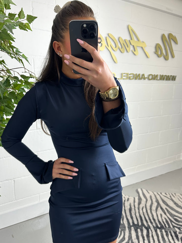 Navy Turtle Neck Long Bell Sleeve Mini Dress