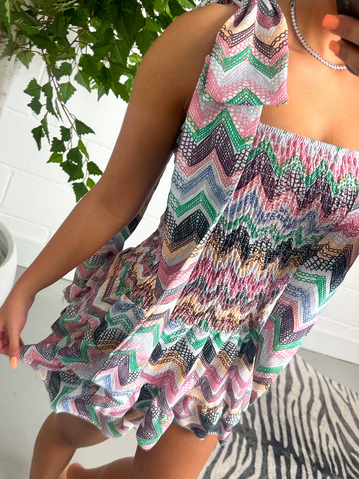 Zig Zag Bow Shoulder Frilly Playsuit