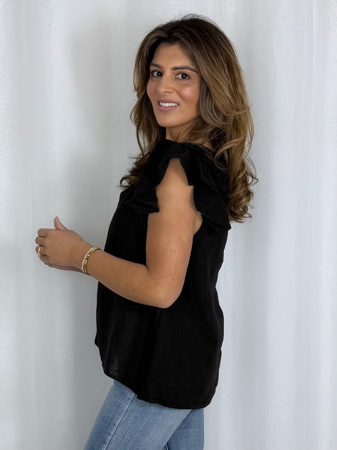 Linen V-Neck Frill Sleeve Top (8 Colours)