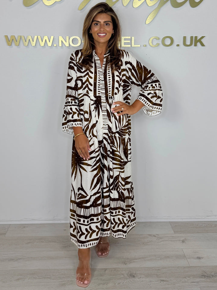 Brown/Cream Printed Gold Metallic Fleck Layered Bell Sleeve Swing Dress