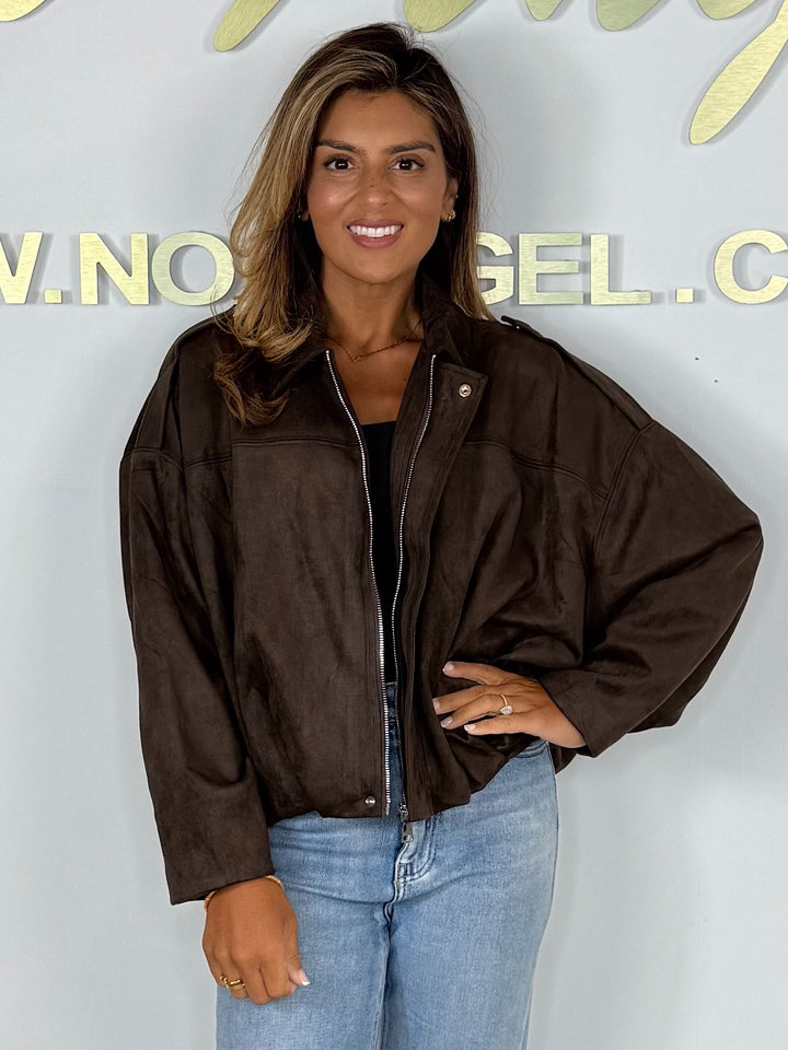 Brown Faux Suede Balloon Zip Up Collared Jacket