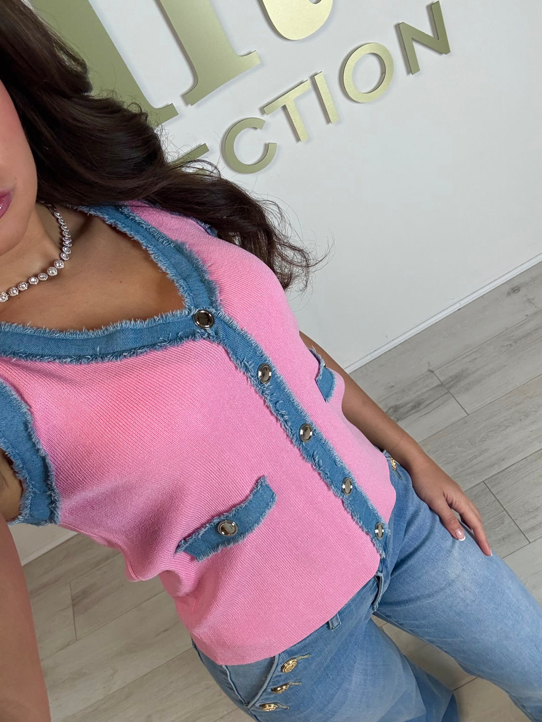 Ribbed V-Neck Denim Trim Gold Button Vest (2 Colours)