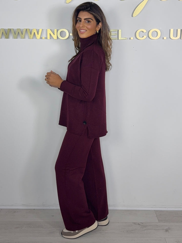 Roll Neck Soft Knit Black Side Button Detail Trouser Co-ord (6 Colours)