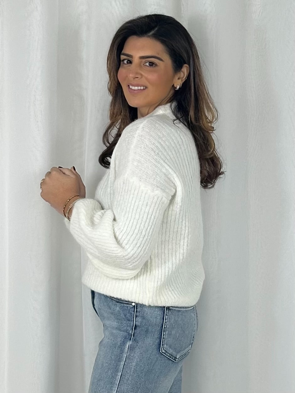 Balloon Sleeve Ribbed Round Neck Jumper (6 Colours)