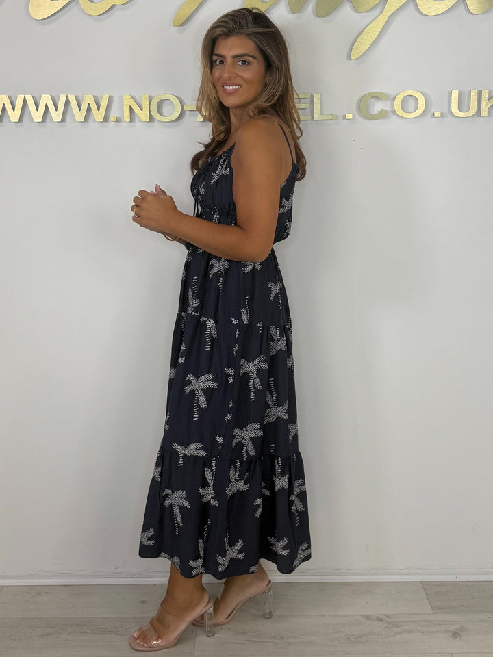 Spaghetti Strap Palm Tree Print Tiered Smocked Tassel Detail Midi Dress (2 Colours)