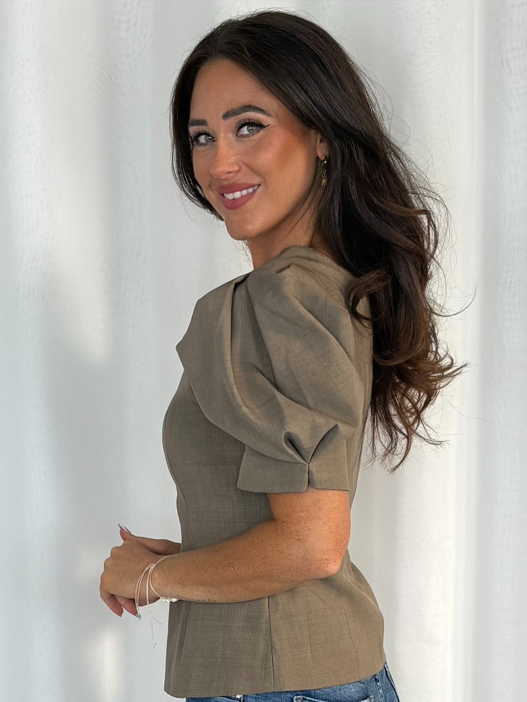 Structured Puff Sleeve Top With Open V-Neck Back (2 Colours)