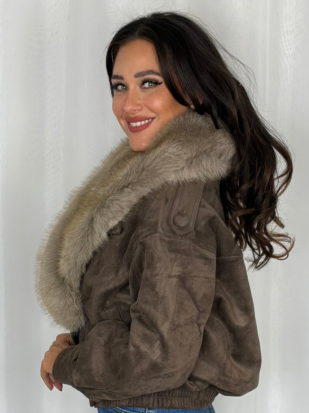 Faux Suede Jacket With Statement Faux Full Collar