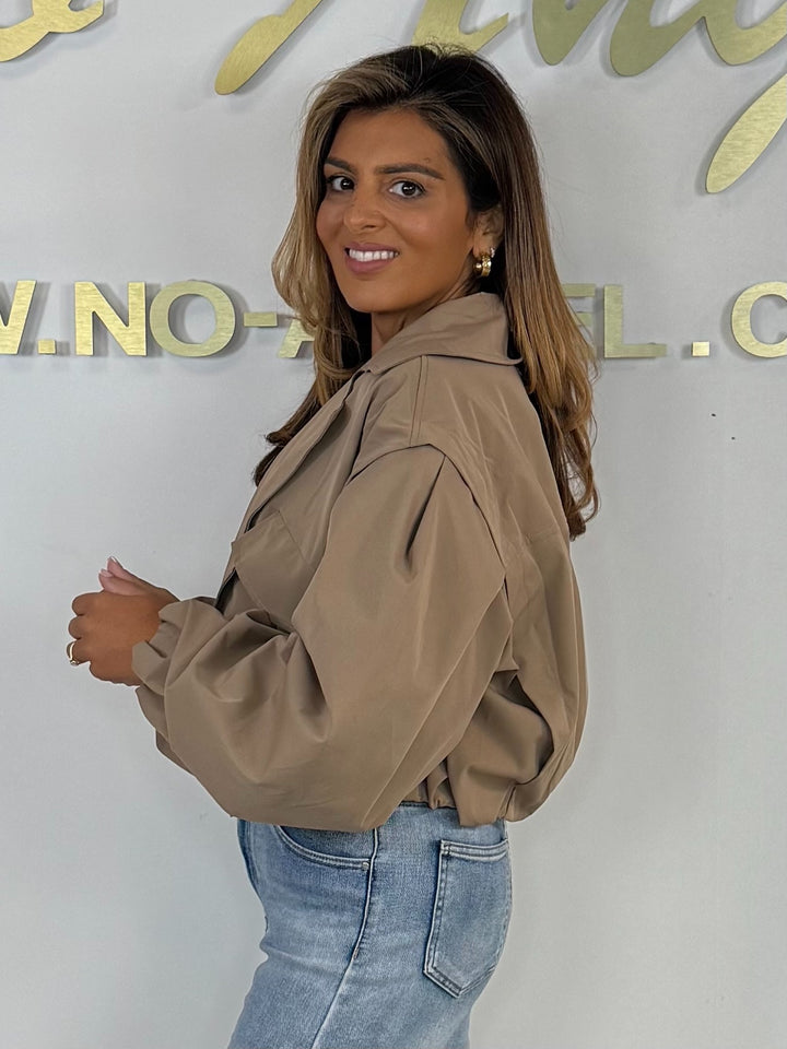 Collared Double Breasted Cropped Trench Balloon Sleeve Coat (2 Colours)
