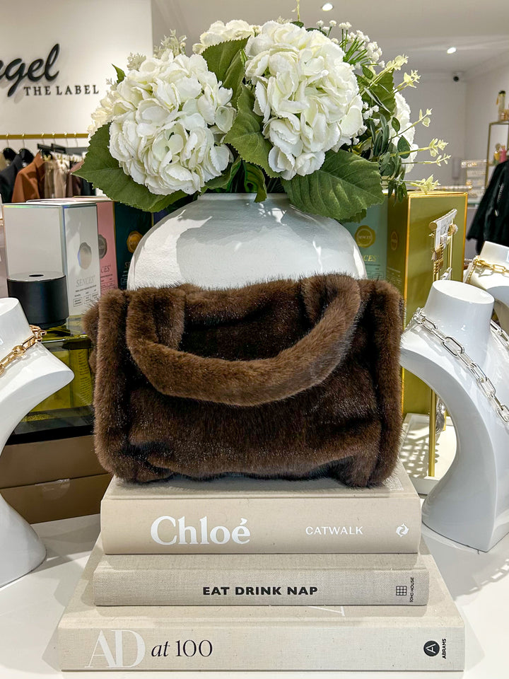 Brown Faux Fur Crossbody Strap Tote Bag