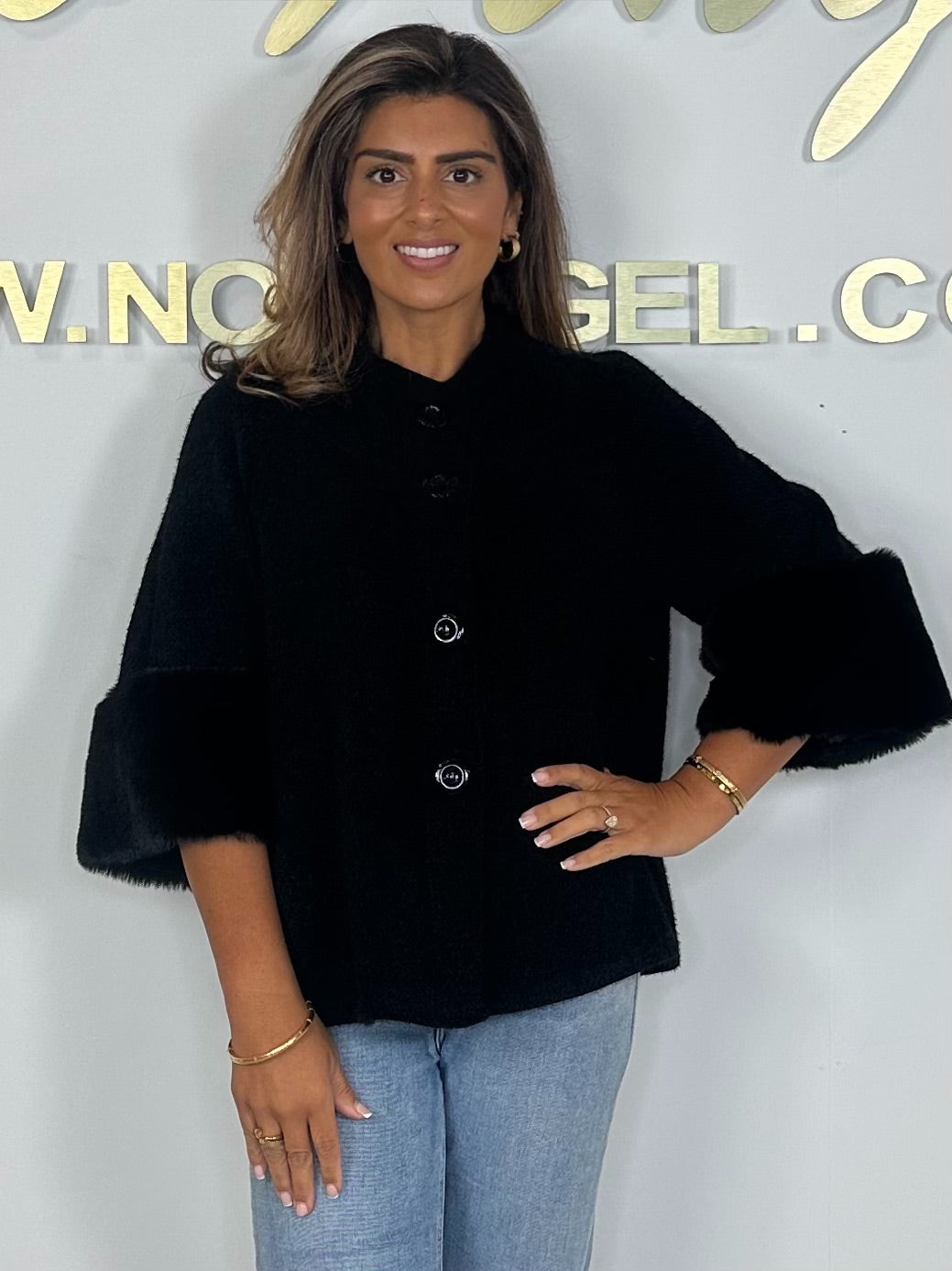 Textured Faux Fur Cuff Sleeve Cape Style Jacket (7 Colours)