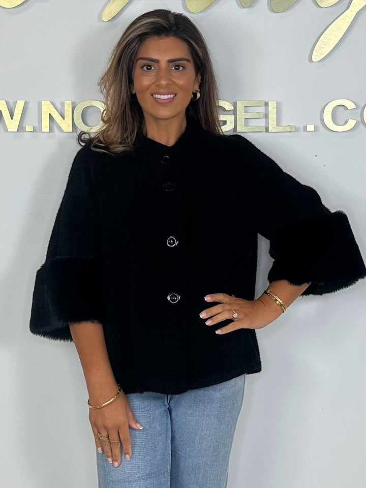 Textured Faux Fur Cuff Sleeve Cape Style Jacket (7 Colours)