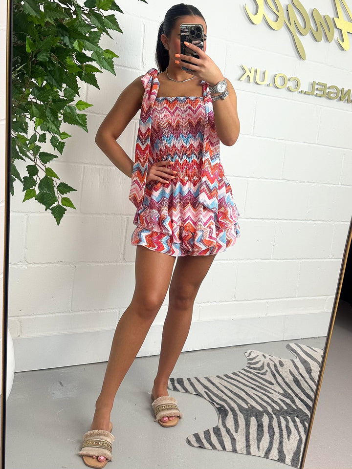 Zig Zag Bow Shoulder Frilly Playsuit