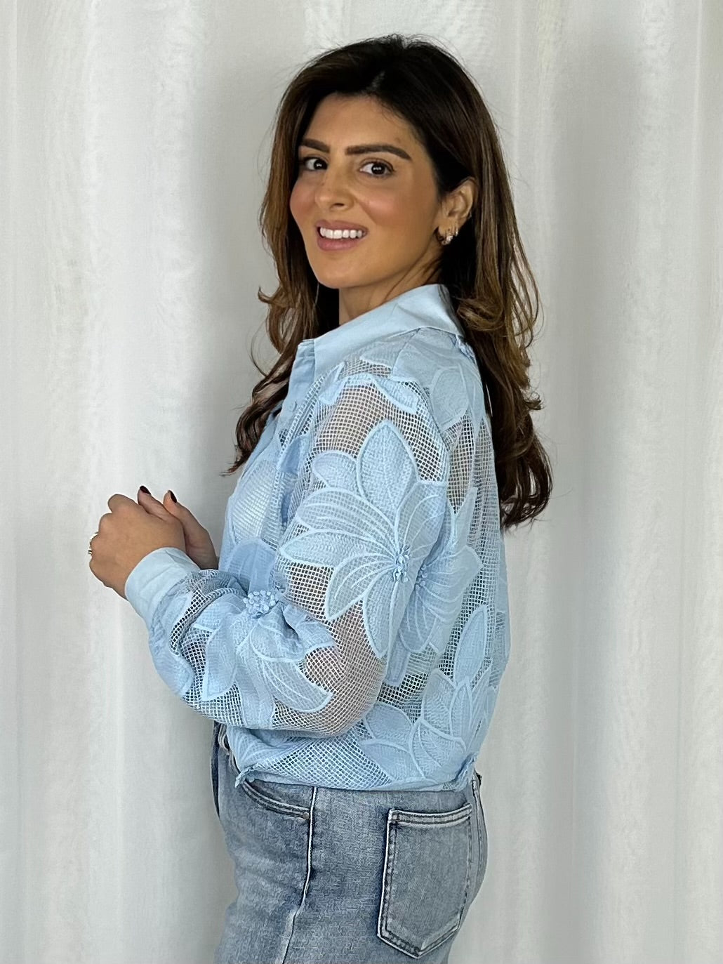 Oversized Mesh Flower Detail Collared Shirt (5 Colours)