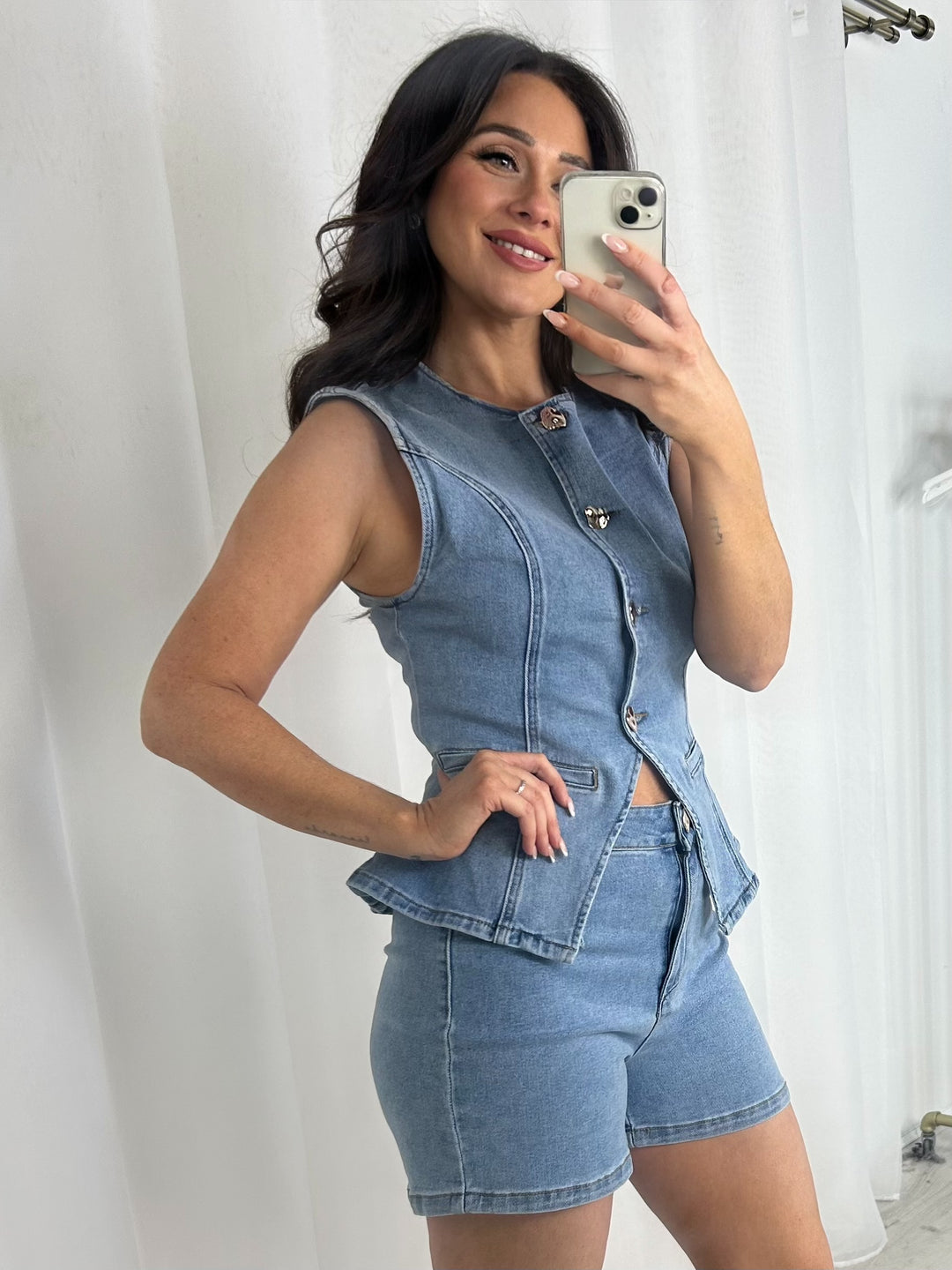 Hammered Button Denim Waistcoat & Shorts Co-Ord