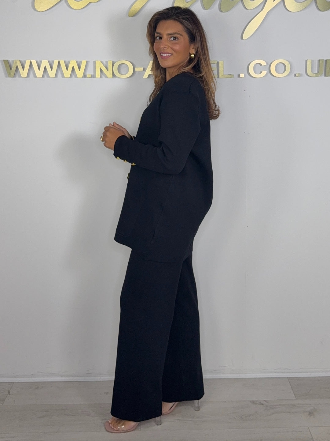 Black Gold Button Soft Knit Longline Trouser Co-Ord