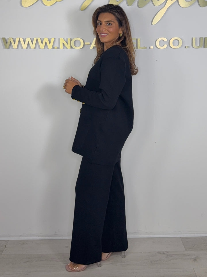 Black Gold Button Soft Knit Longline Trouser Co-Ord