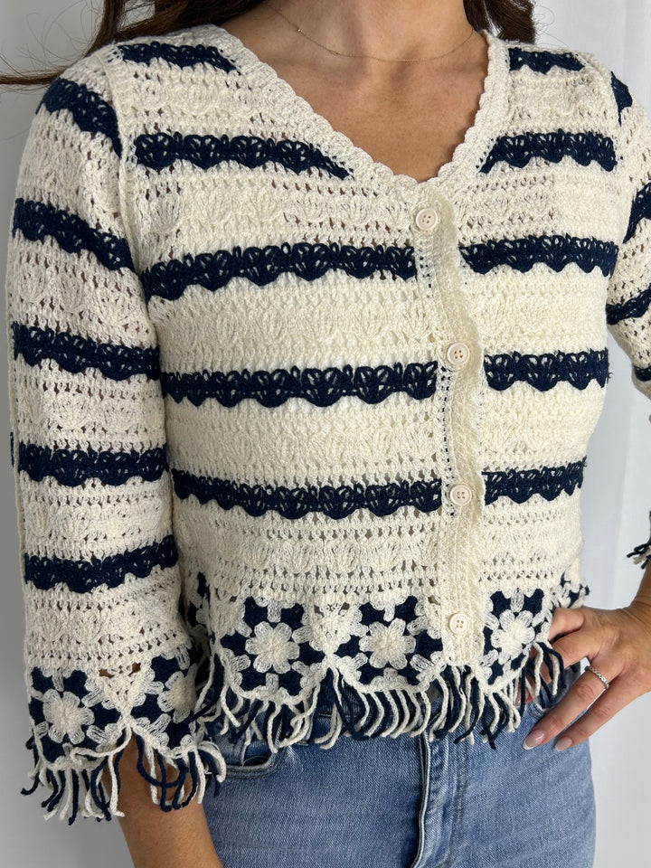 Cream/Navy Crochet V-Neck Tassel Edge Flower Cardigan
