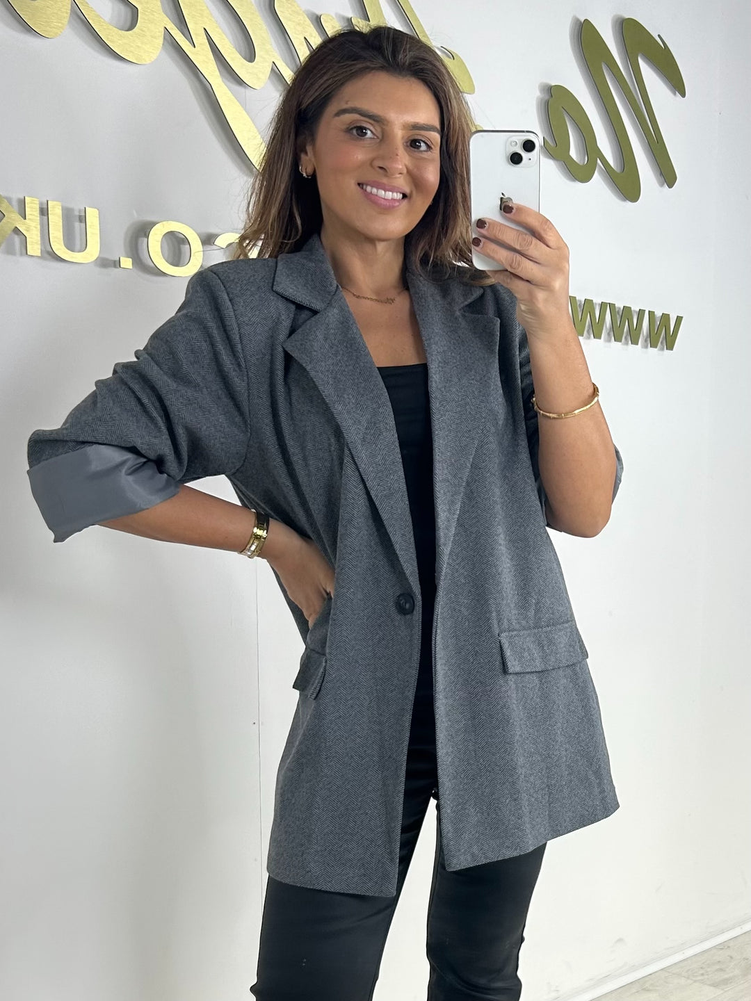 Herringbone Pattern One Button Longline Oversized Blazer (2 Colours)