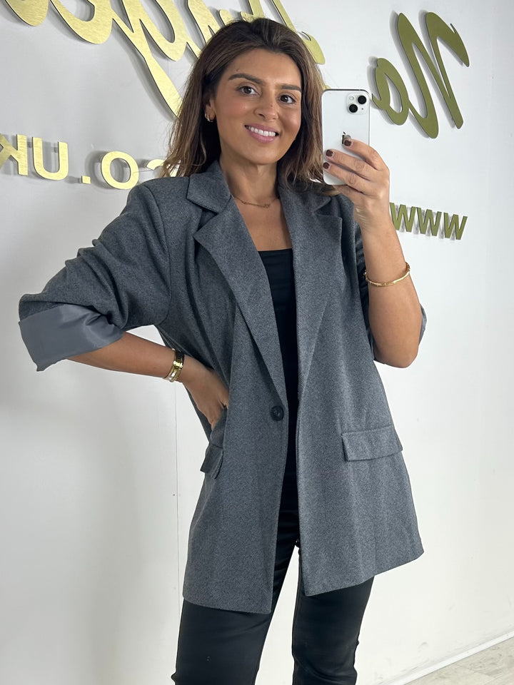 Herringbone Pattern One Button Longline Oversized Blazer (2 Colours)