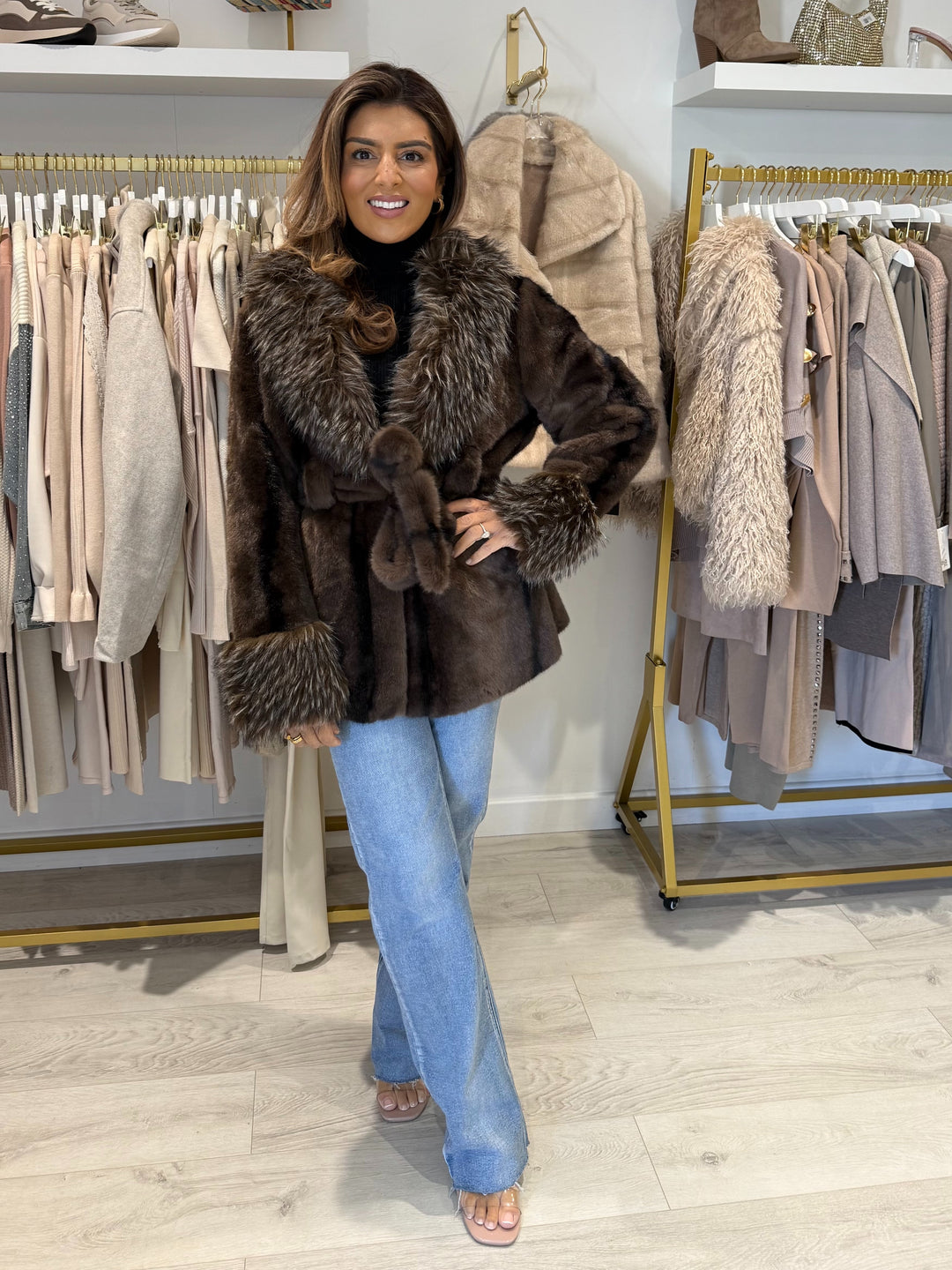 Brown/Black Faux Fur Cuffed Belted Coat