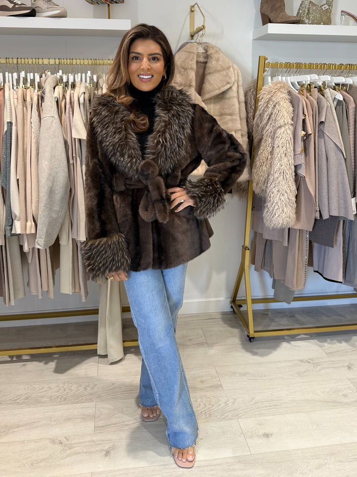 Brown/Black Faux Fur Cuffed Belted Coat