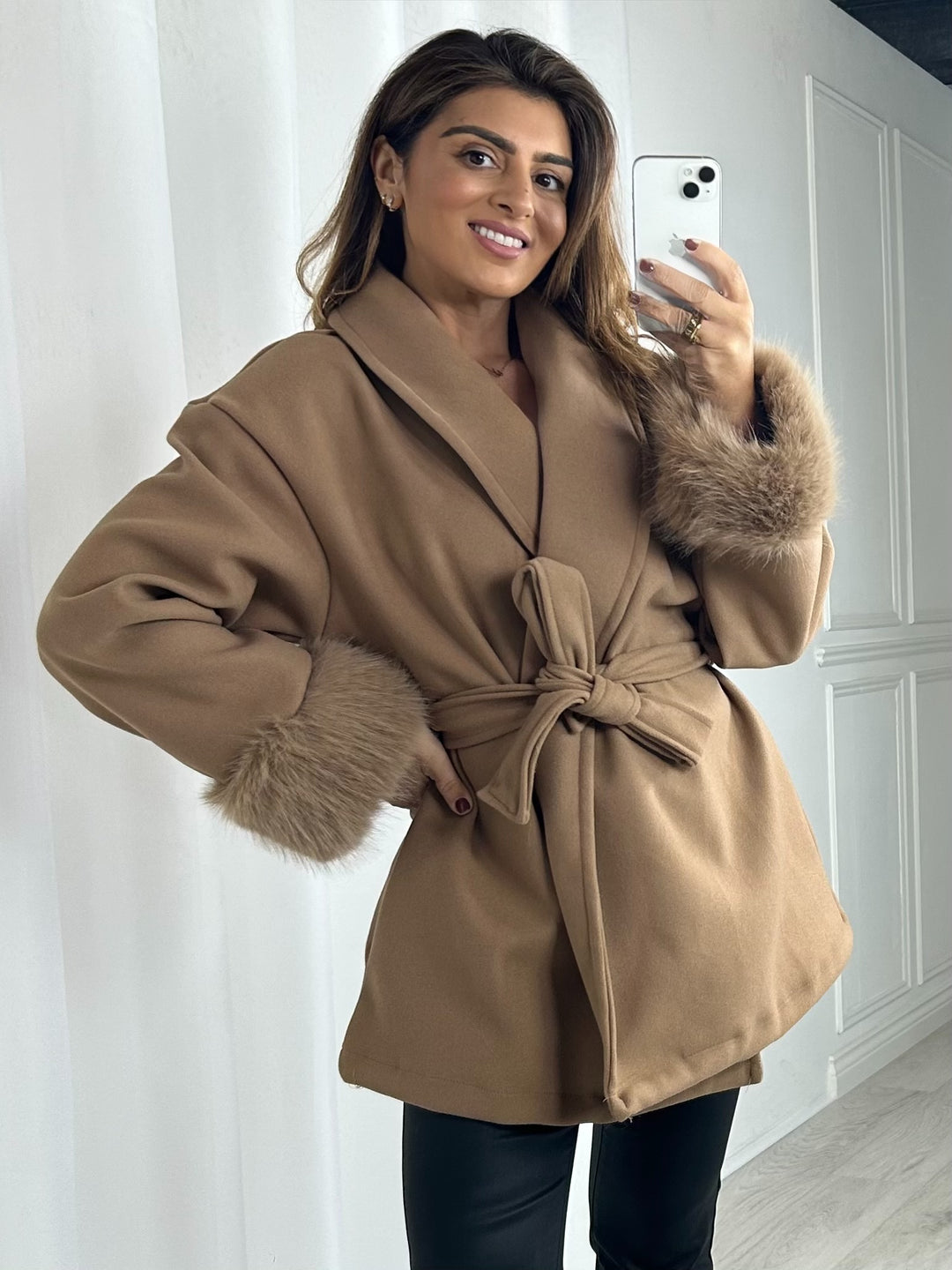 Belted Collared Trench Coat With Faux Fur Cuffs (4 Colours)