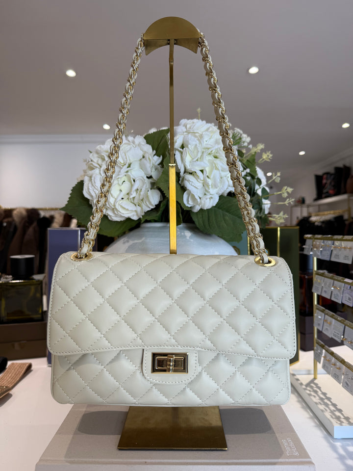 Large Genuine Leather Quilted Turn Lock Chain Handle Handbag (2 Colours)