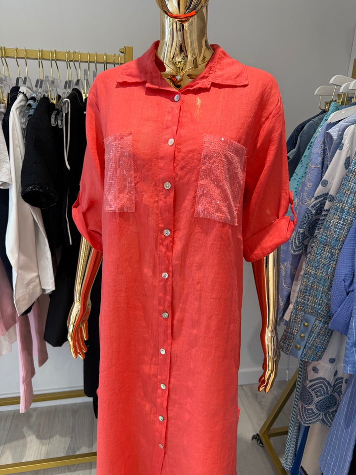 Sequin Pocket & Back Detail Linen Shirt Dress (5 Colours)