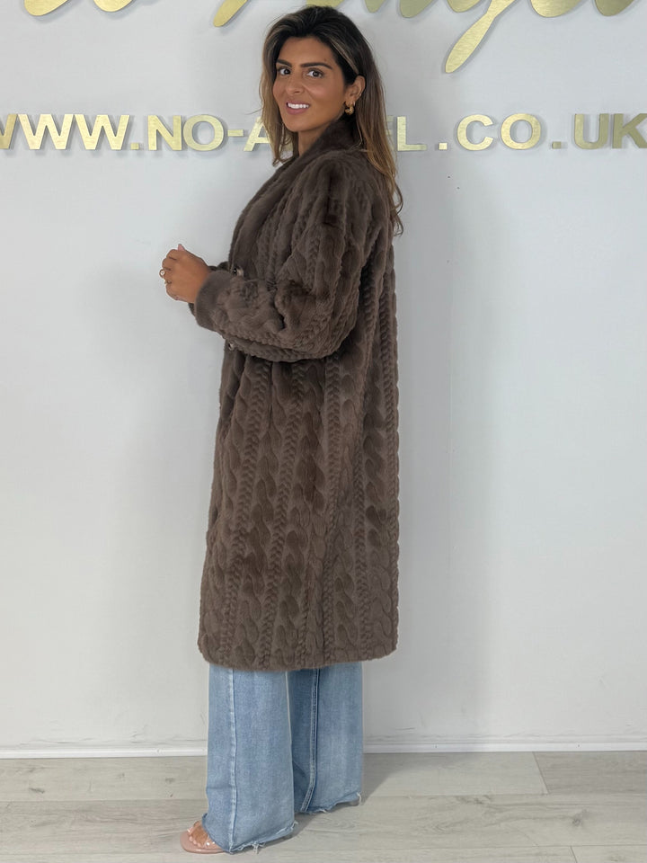 Faux Fur Cable Design Button Up Longline Jacket (4 Colours)