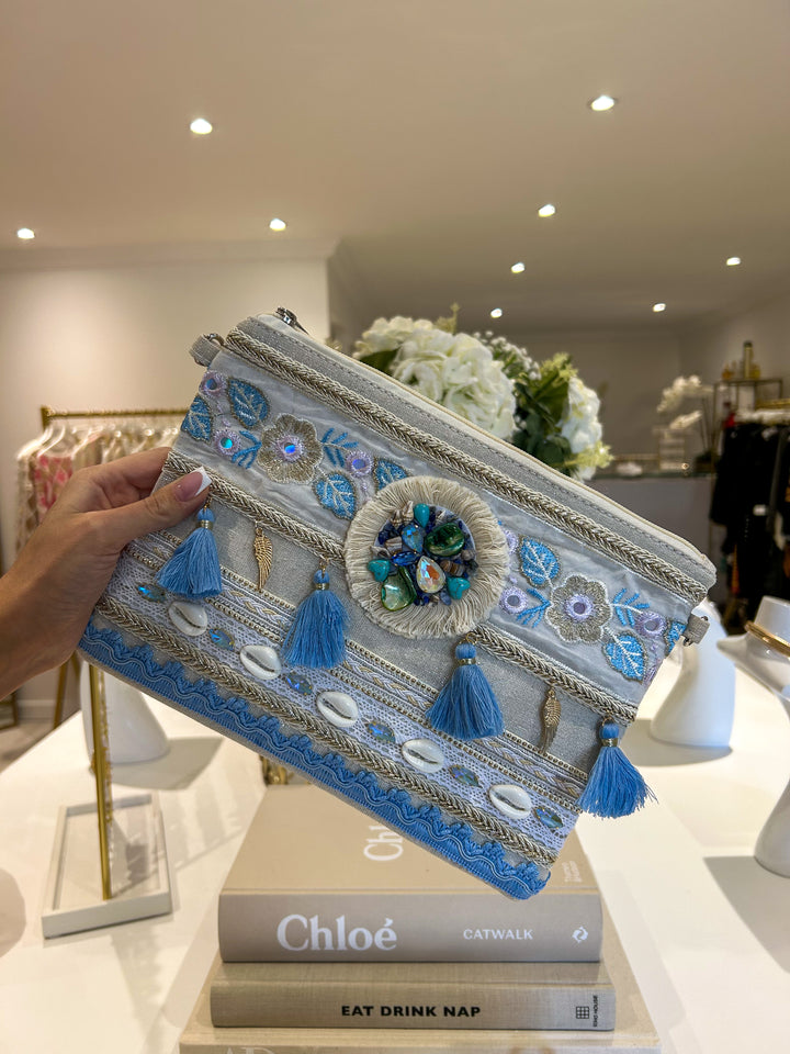Blue Tassel Shell Detail Clutch Bag