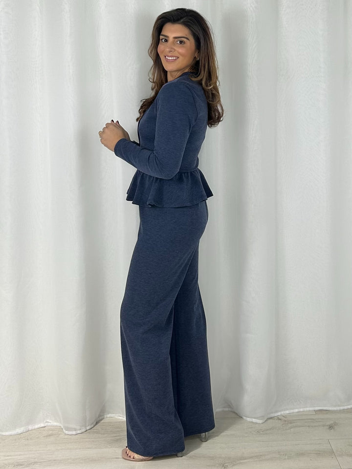 Long Sleeve Peplum V-Neck Top & Straight Leg Trouser Co-Ord (3 Colours)