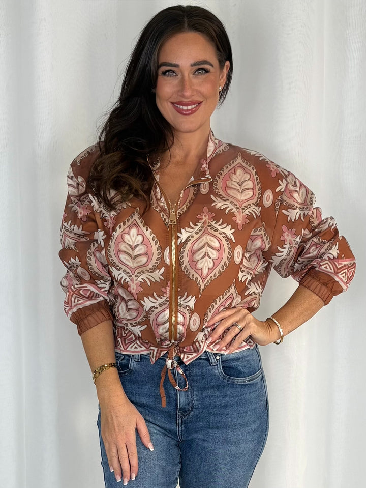 Lightweight Paisley Print Gold Zip Bomber Jacket