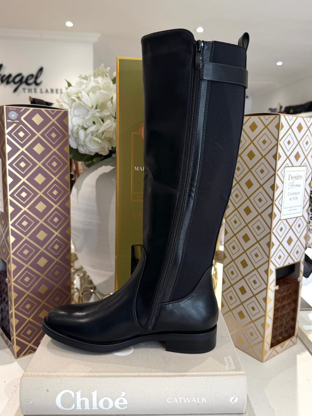 Elastic Back Gold Buckle Knee High Boots (2 Colours)