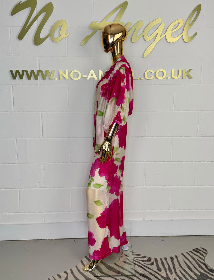 Fuchsia & Green Flower Detail Button Up Blouse & Trouser Co-ord