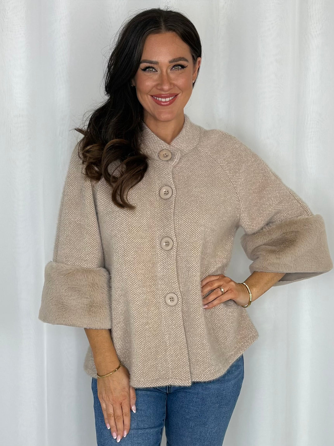 Faux Fur Cuff Textured Cardigan (8 Colours)