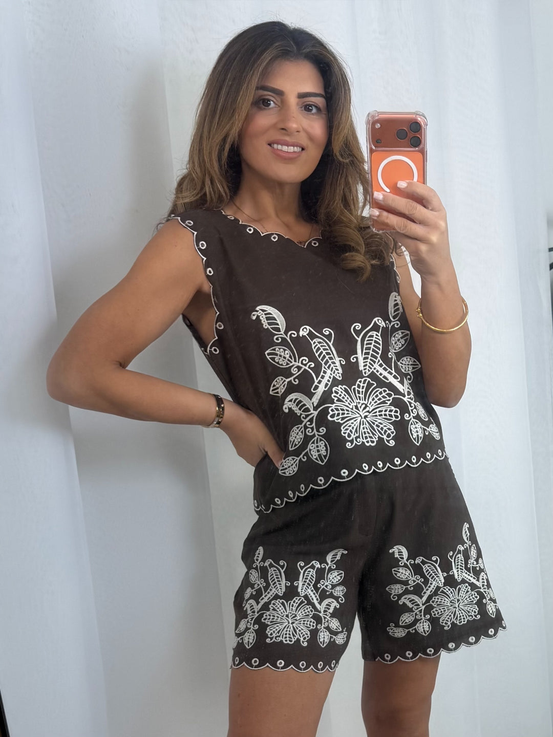Brown Embroidered Top & Shorts Co-Ord