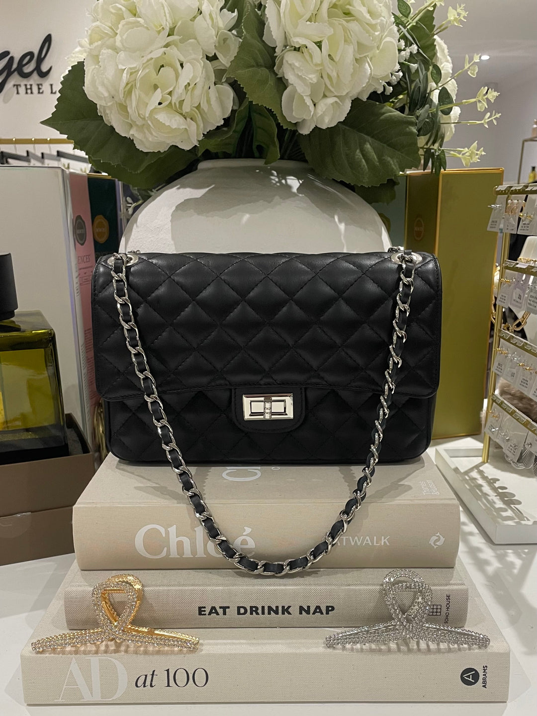 Large Genuine Leather Quilted Turn Lock Chain Handle Handbag (5 Colours)