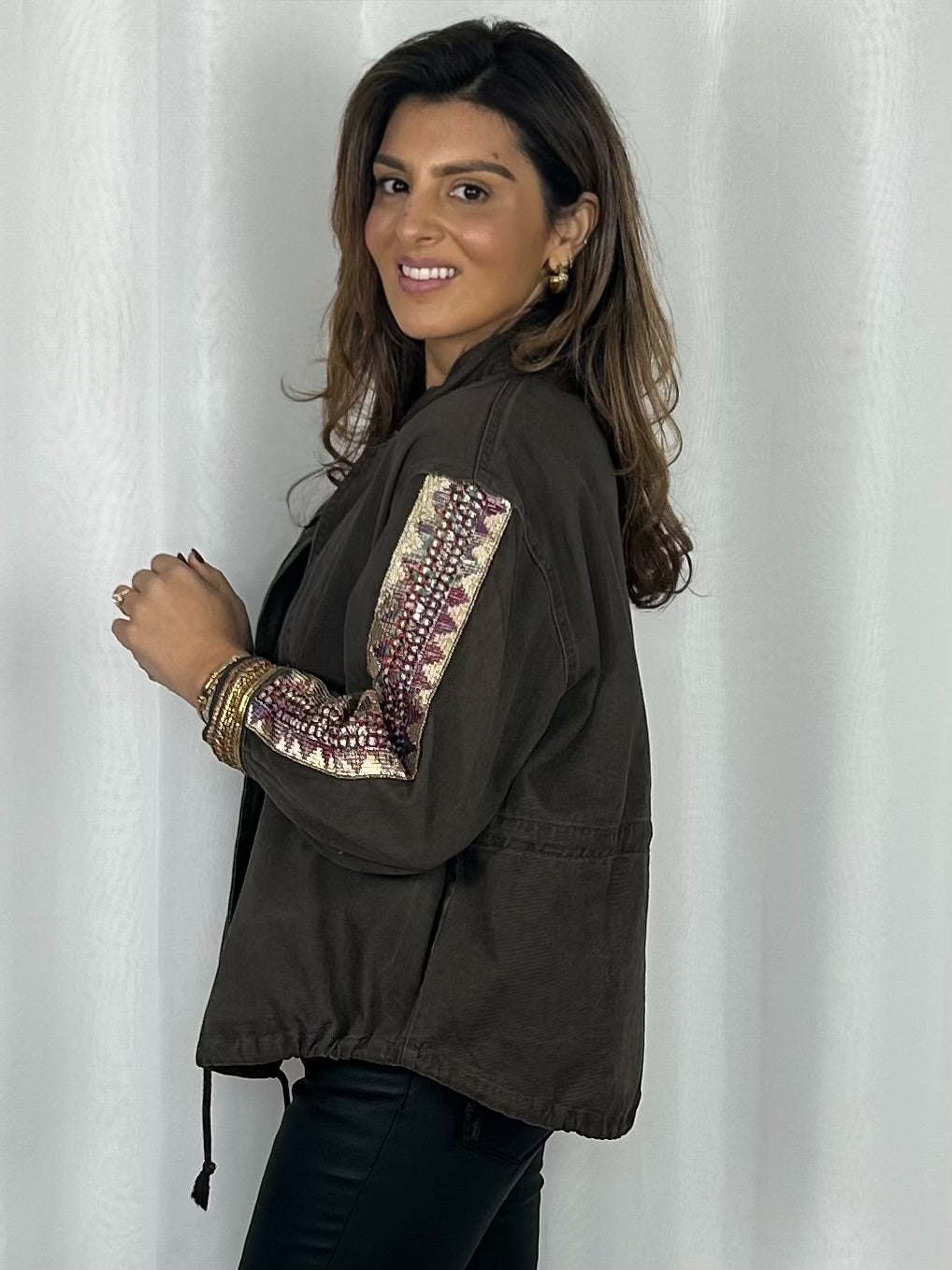 Oversize Aztec Detail Drawstring Bomber Jacket