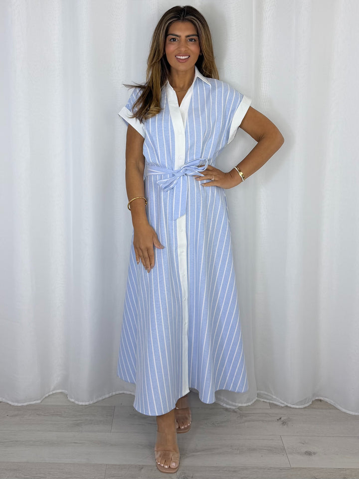 Full Length A-Line Pinstripe Button Up Dress