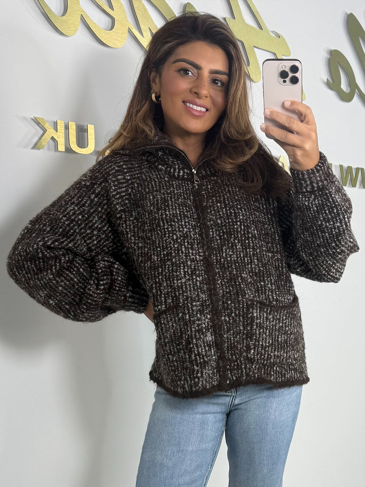 Fleck Funnel Neck Zip Up Chucky Knit Cardigan (2 Colours)