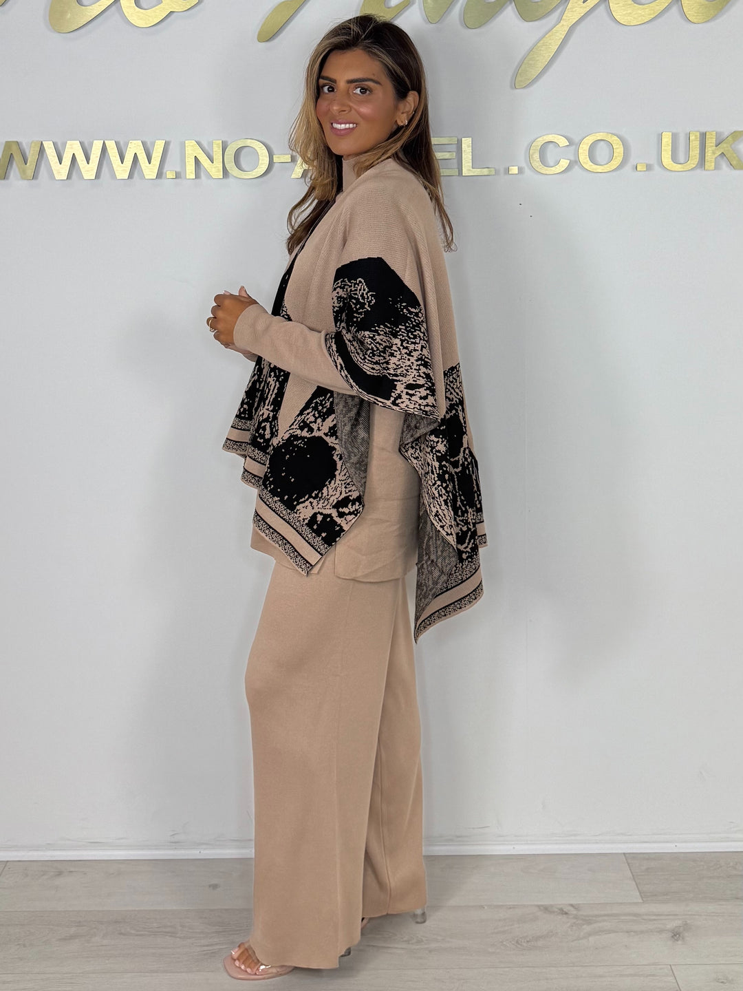 Camel Turtle Neck Lounge Suit & Black/Camel Matching Poncho