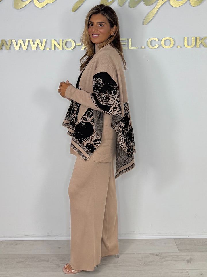 Camel Turtle Neck Lounge Suit & Black/Camel Matching Poncho